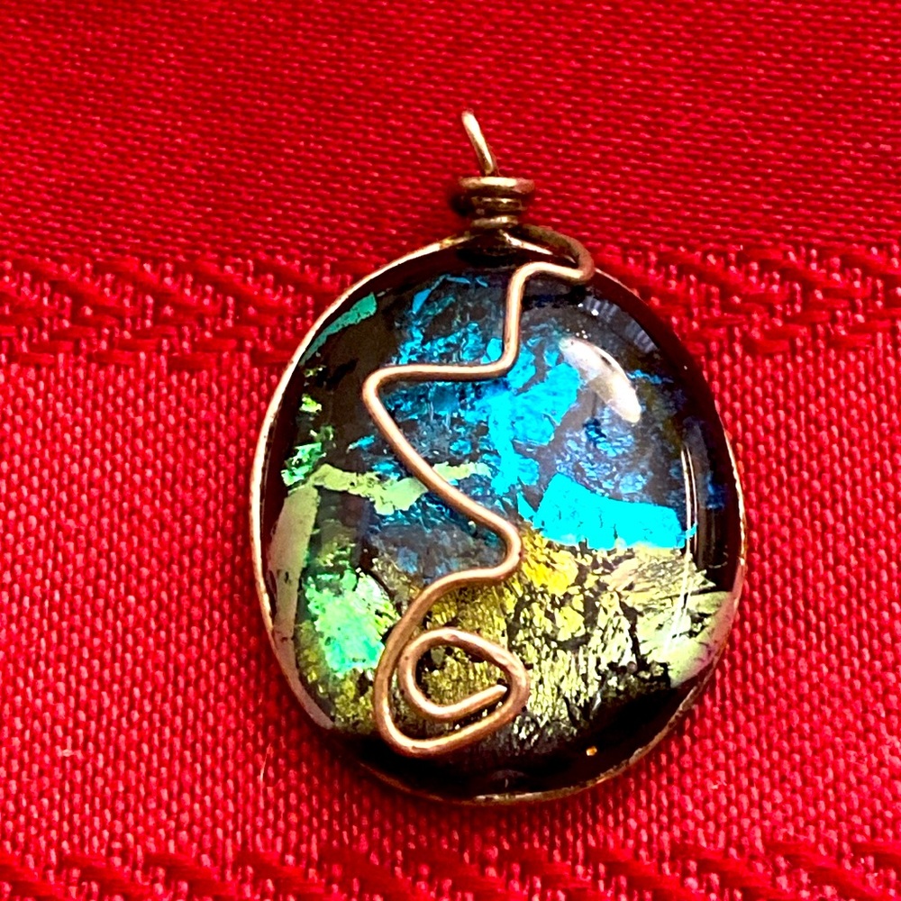 Vintage 80s Copper Wire Wrapped Dichroic Glass Pendant